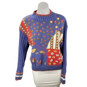 Lizwear Liz Claiborne Blue Ribbed Knit Floral Paisley Stitch Crewneck Sweater S